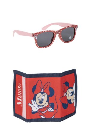 Red and pink Minnie Mouse sunglasses with white polka dots and red fabric wallet featuring Minnie winking and waving on a white background.