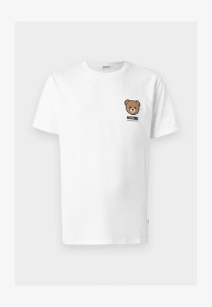 White short-sleeve T-shirt with a small brown bear face and "MOSCHINO UNDERBEAR" text on the left chest.