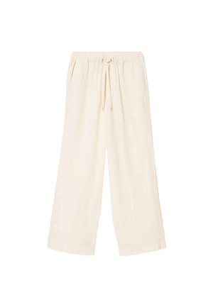 Kremowe spodnie o szerokich nogawkach wykonane z lekkiego materiału, wyposażone w elastyczny pas ze sznurkiem oraz boczne kieszenie.