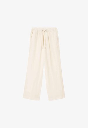 Kremowe spodnie o szerokich nogawkach wykonane z lekkiego materiału, wyposażone w elastyczny pas ze sznurkiem oraz boczne kieszenie.
