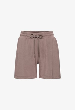 Rjavi bombažni kratki hlače z elastičnim pasom, vrvico, stranskimi žepki in gladko teksturo. Imajo sproščen kroj in obrobljene robove.