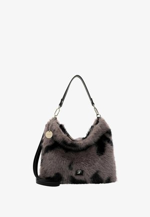 Faux fur handbag in gray with black spots, featuring a slouchy silhouette, a black leather strap, and a metal tag accent.