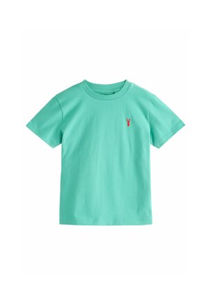 Mintgrünes Baumwoll-T-Shirt mit kurzen Ärmeln. Hat eine kleine rote Hummer-Stickerei auf der linken Brustseite. Klassisches Rundhalsausschnitt-Design.