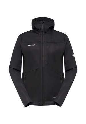 Zwarte softshell jas met een hoge kraag, volledige rits aan de voorkant en een minimalistisch ontwerp. Voorzien van een merkje en twee zijzakken met rits.