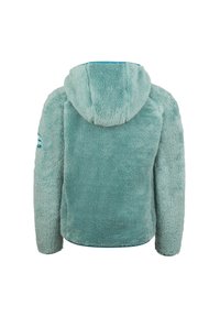 Fleece mikina vo svetlom tyrkysovom, s mäkkým, štruktúrovaným povrchom, kapucňou a modrým akcentom na rukáve.