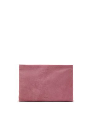 Pink leather clutch with a smooth texture, rectangular shape, and a minimalist design. Subtle branding at the bottom center.