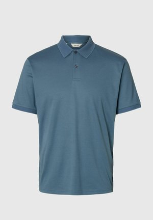Blue short-sleeve polo shirt with textured collar and sleeve cuffs, two-button placket, and a straight hem, displayed on a neutral background.