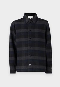 Black and gray plaid shirt jacket with long sleeves, button front closure, and a classic collar. Made from textured fabric.