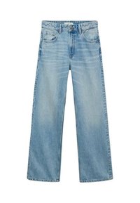 Vaaleansinisen denimin farkut, joissa on leveät lahkeet. Klassinen viiden taskun malli ja vetoketjullinen haarakiinnitys, jossa nappi. Sileä pinta.