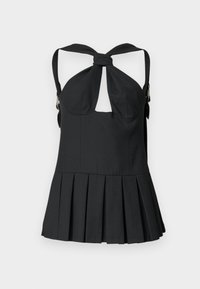 Μαύρο αμάνικο τοπ με λαιμόκοψη halter, κόμπο μπροστά, άνοιγμα σε σχήμα κλειδαρότρυπας, ρυθμιζόμενους ιμάντες με αγκράφες και πλισέ τελείωμα.