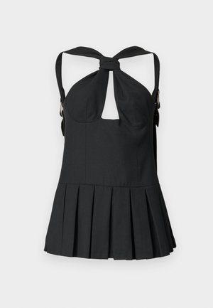 Must musta varrukateta kaeluseta top sõlmitava esiosa, võtmeaugukujulise lõike, reguleeritavate rihmade ja pannaldega ning volditud põhjaga.