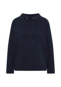 Mörkblå långärmad sweatshirt med hög krage, försedd med två dragsnören och subtil präglad text på ärmarna.