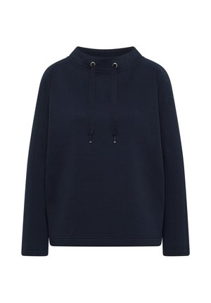 Granatowy, długi sweter z długim rękawem, z wysokim kołnierzem z dwoma ściągaczami i subtelnym, wytłaczanym napisem na rękawach.