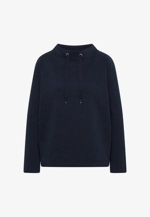 Marineblaues Sweatshirt mit langen Ärmeln und hohem Kragen, der zwei Kordelzüge sowie dezent eingeprägten Text auf den Ärmeln aufweist.