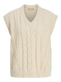 Kremno barvan pleten vest z V-izrezom, ki se ponaša z motive cable knit, kratkimi rokavi in rebrastim robom. Mehak tekstur in masiven dizajn.