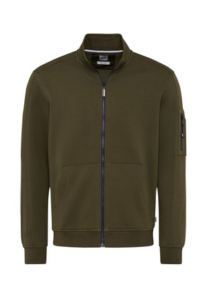 Olivgrüne Zip-Jacke aus Baumwollmix mit langen Ärmeln, Seitentaschen und einer Reißverschlusstasche am Arm. Glatte Textur und minimales Design.