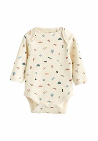 Langærmet baby bodysuit i creme med ribbet struktur, prydet med et multifarvet abstrakt mønster af former og planter. Trykknaplukning i bunden.