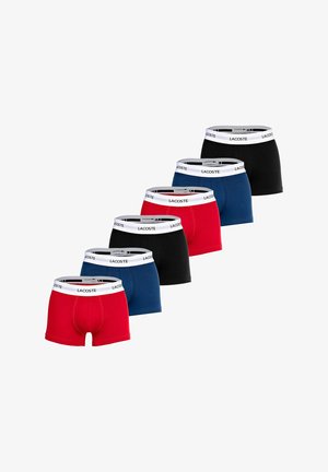 Six pairs of men's boxer briefs in red, blue, black, and dark blue, featuring a white waistband with Lacoste logo. Soft cotton blend material.