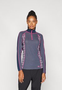 Marinblå langermet topp med rosa detaljer, med høy krave og glidelås. Stoffet har en mønstret tekstur med geometriske design.