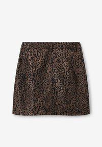 Jupe en imprimé léopard brun avec une silhouette structurée, dotée d'une taille plate, de plis et d'une composition de tissu texturé.