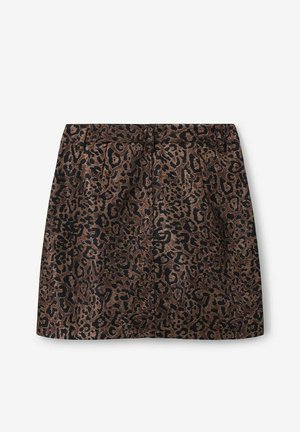 Brown leopard print skirt with a structured silhouette, featuring a flat waistband, pleats, and a textured fabric composition.