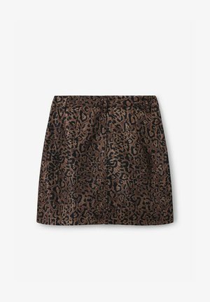 Brown leopard print skirt with a structured silhouette, featuring a flat waistband, pleats, and a textured fabric composition.