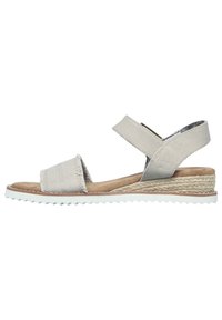 Sandalo con zeppa in tessuto grigio, due fasce larghe, dettaglio in iuta stile espadrilles, soletta imbottita e suola in gomma con battistrada.