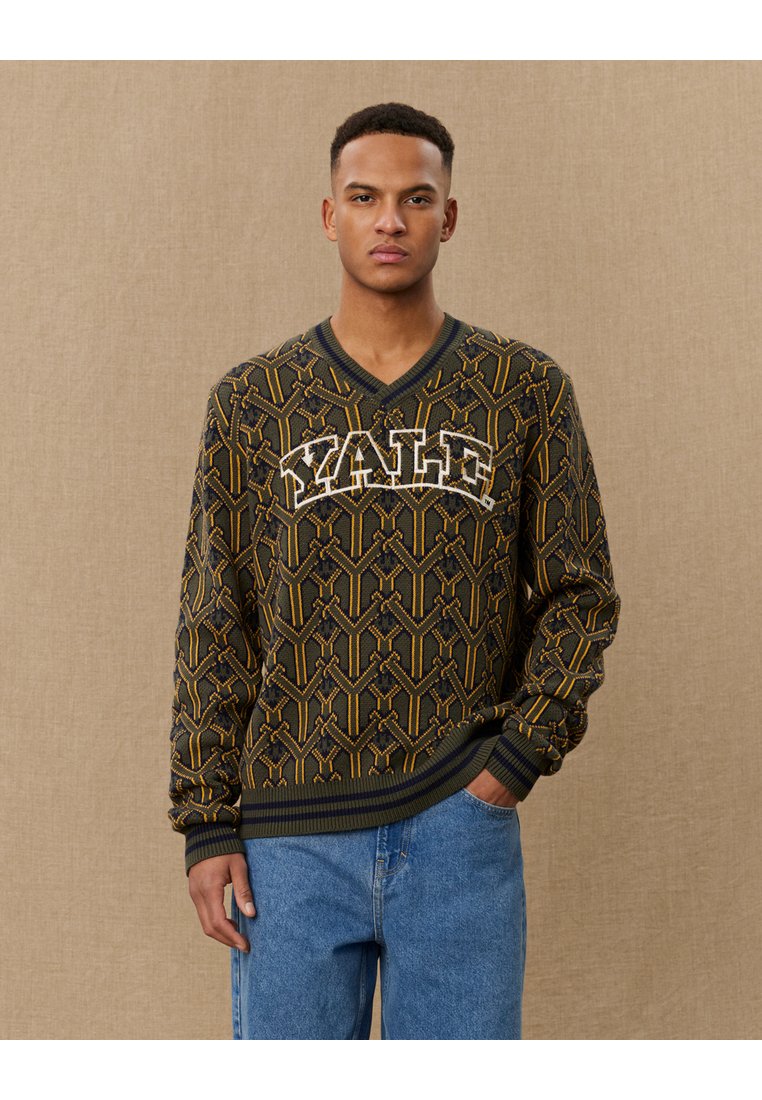 Maglione lavorato a maglia con un motivo geometrico in verde scuro e oro, con il logo "Yale" bianco sul petto e un design a scollo a V.