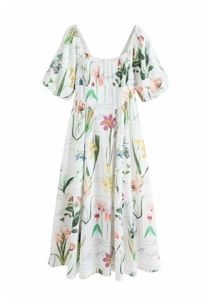 Weißes Midikleid mit Puffärmeln, das mehrfarbige Blumen- und botanische Drucke sowie ein gerafftes Oberteil mit quadratischem Ausschnitt aufweist.