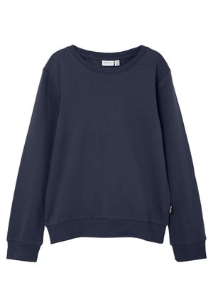 Sweat-shirt bleu marine à manches longues avec col rond, poignets et bas côtelés, petite étiquette de marque sur la couture latérale.