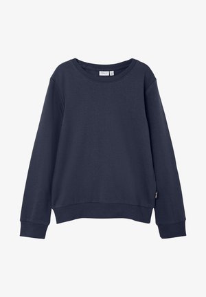 Sweat-shirt bleu marine à manches longues avec col rond, poignets et bas côtelés, petite étiquette de marque sur la couture latérale.