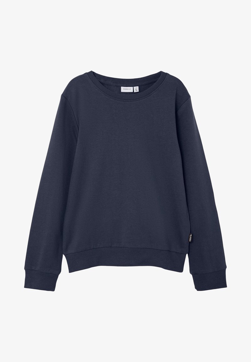 Sweat-shirt bleu marine à manches longues avec col rond, poignets et bas côtelés, petite étiquette de marque sur la couture latérale.