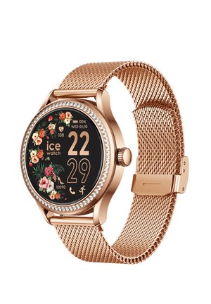 Smartwatch in Roségold mit Mesh-Armband, Kristalllünette, floralem digitalen Display, das Zeit, Datum, Herzfrequenz, Schritte und Aktivitätssymbole anzeigt.