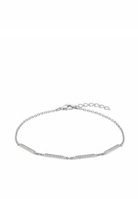 Silver chainarmband med rektangulära länkar som har infällda klara stenar. Justerbar lås med en liten kedjeextension.