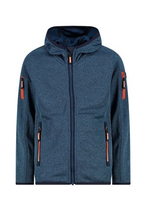 Blauw jack met capuchon en ritssluiting aan de voorkant, oranje ritssluiteraccenten op zakken en mouwen, lange mouwen, rechte zoom, geen zichtbaar merk.