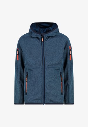 Blauw jack met capuchon en ritssluiting aan de voorkant, oranje ritssluiteraccenten op zakken en mouwen, lange mouwen, rechte zoom, geen zichtbaar merk.