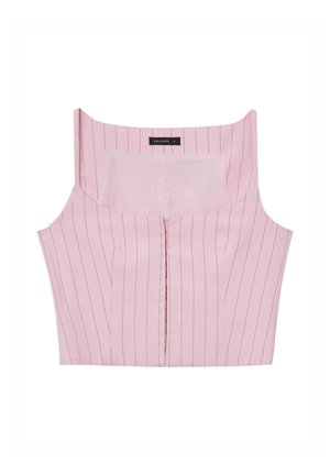 Rosa kurzes Oberteil mit vertikalen weißen Streifen, mit einem quadratischen Ausschnitt und einer Knopfleiste an der Vorderseite. Hergestellt aus einem glatten Stoff.