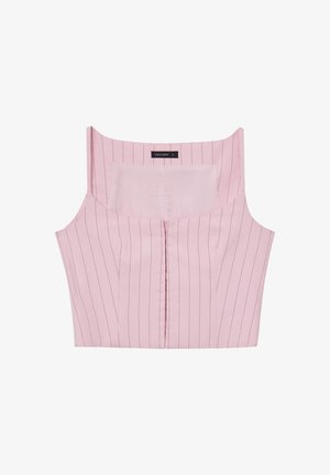 Rosa kurzes Oberteil mit vertikalen weißen Streifen, mit einem quadratischen Ausschnitt und einer Knopfleiste an der Vorderseite. Hergestellt aus einem glatten Stoff.