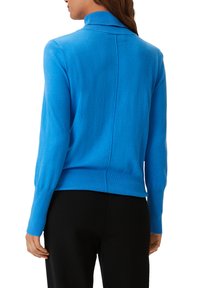 Blauer Pullover mit hohem Hals aus glattem Strickstoff. Er hat lange Ärmel und einen gerippten Saum sowie ein einfaches Rückennahtdetail.