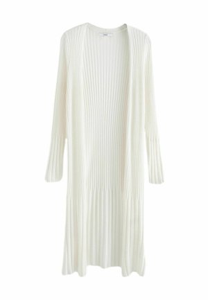 Long gilet en tricot blanc à côtes avec devant ouvert et manches longues, présentant un ourlet et des poignets légèrement évasés.