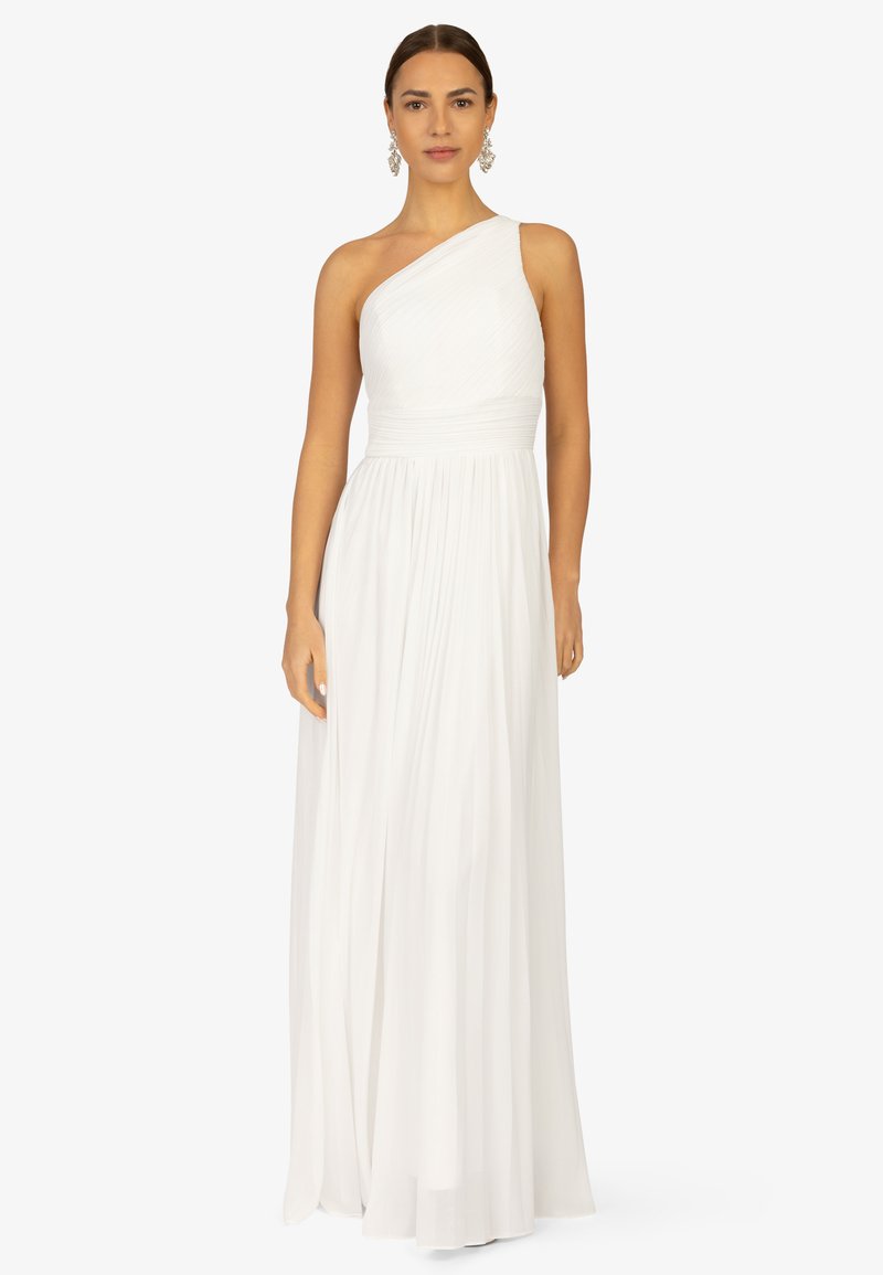 Weißes, einseitig tragbares Kleid mit plissiertem Oberteil und fließendem Rock. Verfügt über einen schmalen Taillenbund und eine subtile Textur im gesamten Stoff.