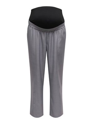 Nėščiųjų kelnės šviesiai pilkos spalvos audinyje su elastingu juosmeniu, turinčios juodą, tamprią panelę, skirtą patogumui ir palaikymui.