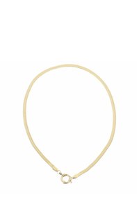 Collana in oro con un design liscio ed elegante, caratterizzata da una superficie in rete testurizzata e una chiusura a gancio rotonda.