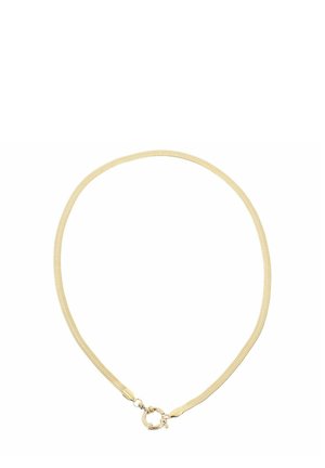 Collana in oro con un design liscio ed elegante, caratterizzata da una superficie in rete testurizzata e una chiusura a gancio rotonda.