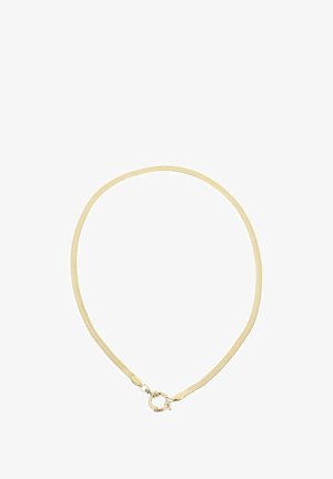 Collana in oro con un design liscio ed elegante, caratterizzata da una superficie in rete testurizzata e una chiusura a gancio rotonda.