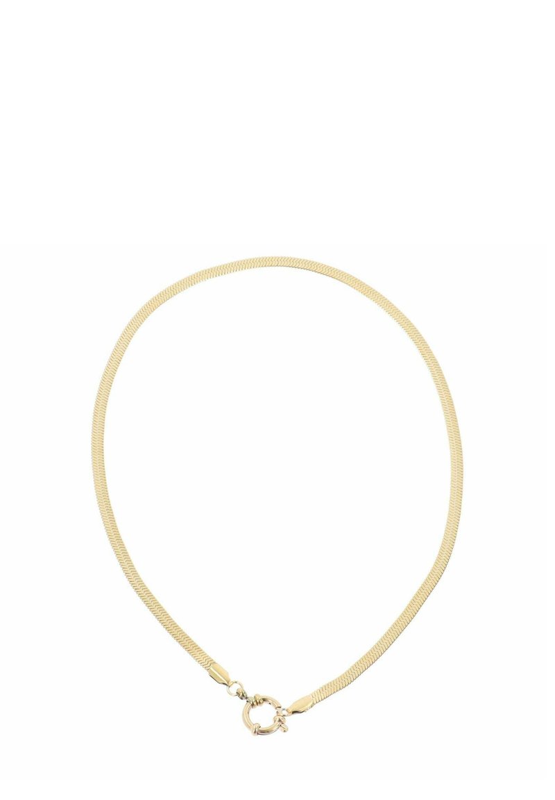 Collana in oro con un design liscio ed elegante, caratterizzata da una superficie in rete testurizzata e una chiusura a gancio rotonda.