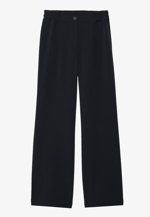 Black wide-leg trousers with a high waist, featuring a button closure and pleat detailing. Smooth texture and tailored design.
