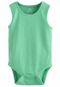 Lysegrøn ribbet babybodystocking med ærmeløs design, rund halsudskæring og trykknapper i bunden for nemt skift.