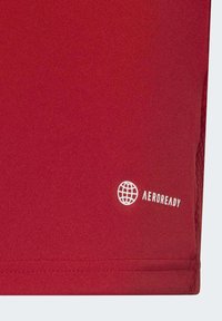 Rotes Sportshirt mit glatter Textur. Verfügt über das weiße "AEROREADY"-Logo und eine Weltgrafik am Saum. Kurzärmeliges, tailliertes Design.
