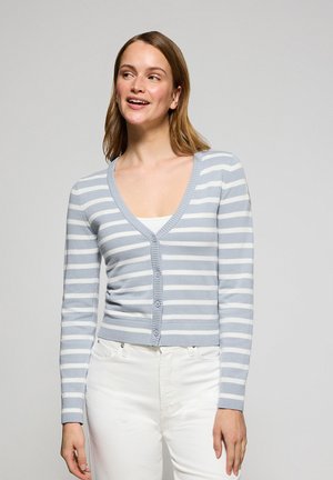 Striped cardigan in light blue and white, featuring a V-neck, long sleeves, five-button closure, and ribbed hem and cuffs.